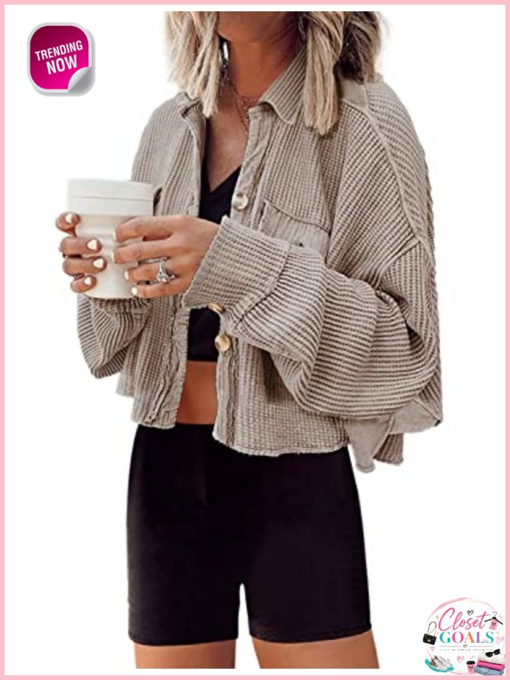 Waffle Knit Cropped Cardigan Button Down Shacket Oversized